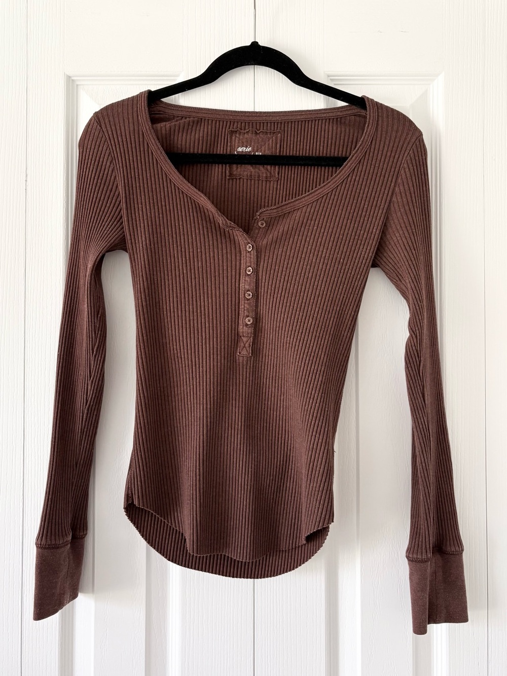 Aerie Brown Ribbed Henley Top